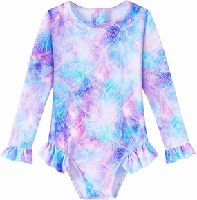 Girls One Piece Swimsuits Long Sleeve Ruffle Zipper Bathing Suit Cute Kids UPF 50  Rashguard Swimwear 1-6 Years