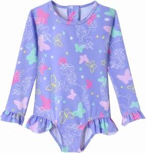 Girls One Piece Swimsuits Long Sleeve Ruffle Zipper Bathing Suit Cute Kids UPF 50  Rashguard Swimwear 1-6 Years
