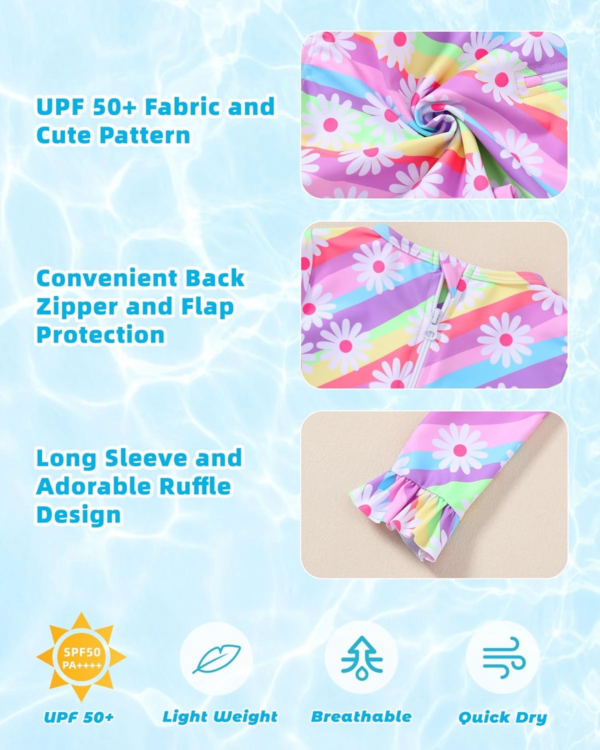 Girls One Piece Swimsuits Long Sleeve Ruffle Zipper Bathing Suit Cute Kids UPF 50  Rashguard Swimwear 1-6 Years