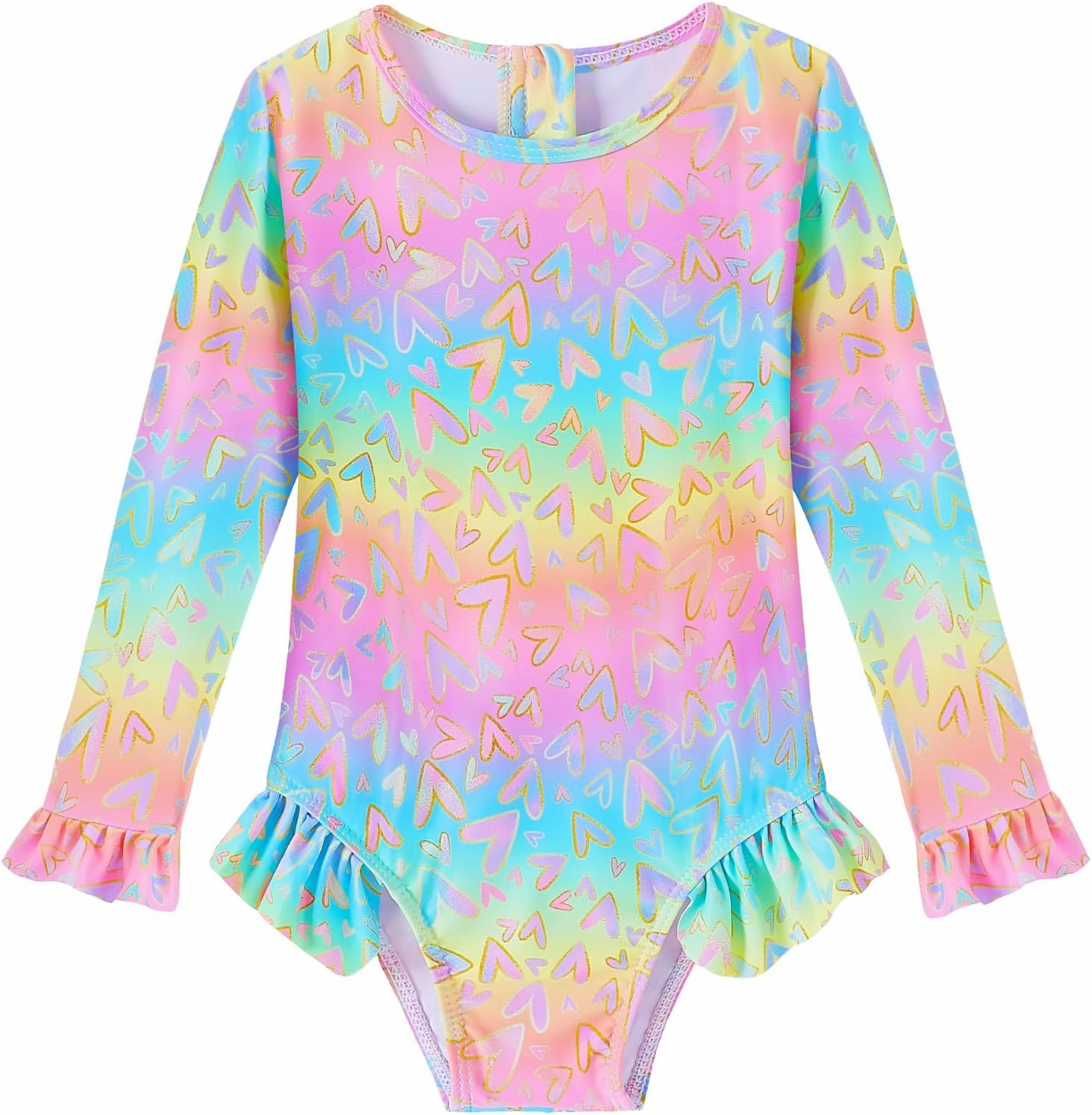 Girls One Piece Swimsuits Long Sleeve Ruffle Zipper Bathing Suit Cute Kids UPF 50  Rashguard Swimwear 1-6 Years