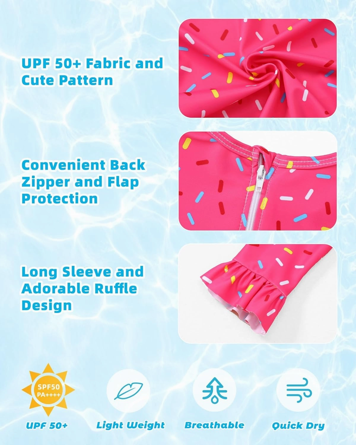 Girls One Piece Swimsuits Long Sleeve Ruffle Zipper Bathing Suit Cute Kids UPF 50  Rashguard Swimwear 1-6 Years