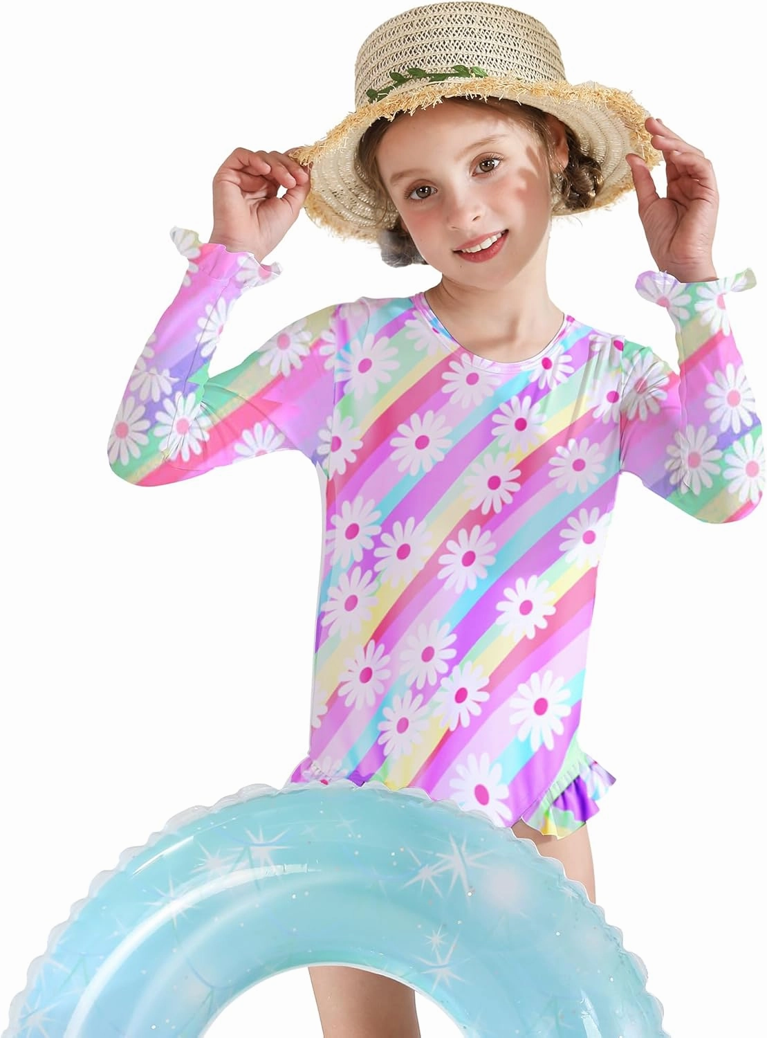 Girls One Piece Swimsuits Long Sleeve Ruffle Zipper Bathing Suit Cute Kids UPF 50  Rashguard Swimwear 1-6 Years