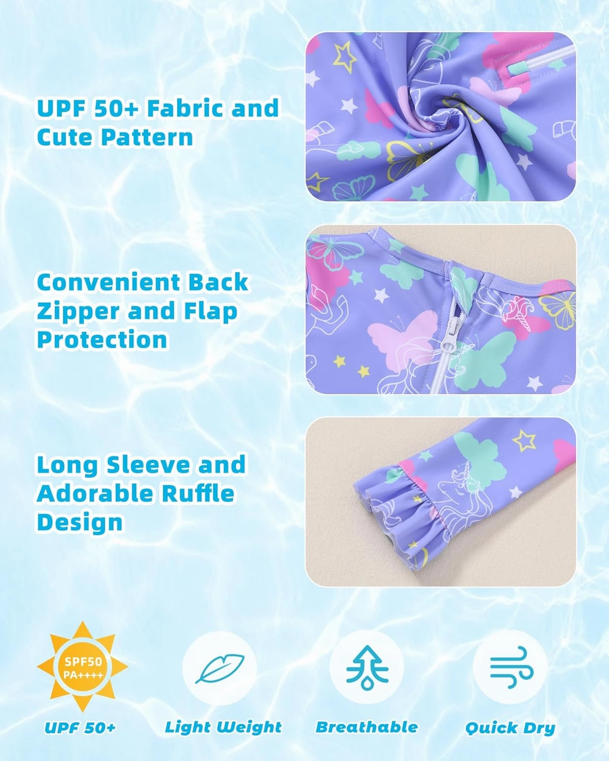 Girls One Piece Swimsuits Long Sleeve Ruffle Zipper Bathing Suit Cute Kids UPF 50  Rashguard Swimwear 1-6 Years
