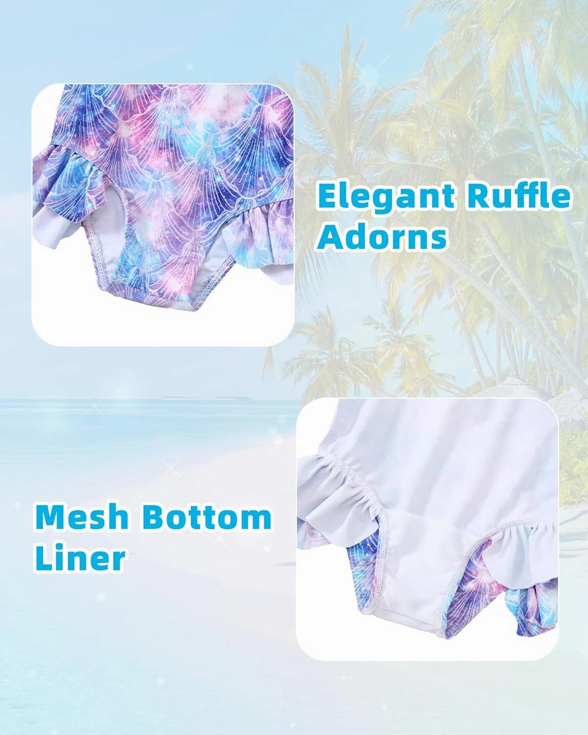 Girls One Piece Swimsuits Long Sleeve Ruffle Zipper Bathing Suit Cute Kids UPF 50  Rashguard Swimwear 1-6 Years