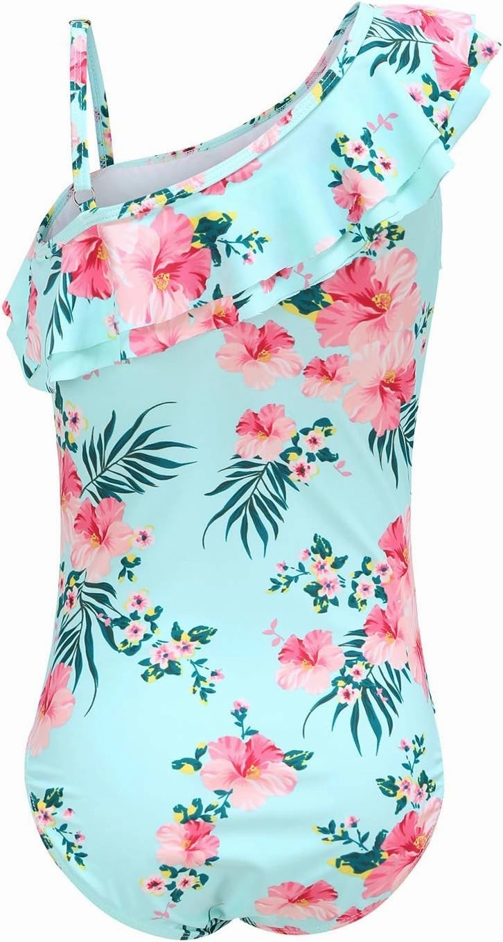 Girls One Piece Swimsuits One Shoulder Ruffle Swimwear Floral Bathing Suit