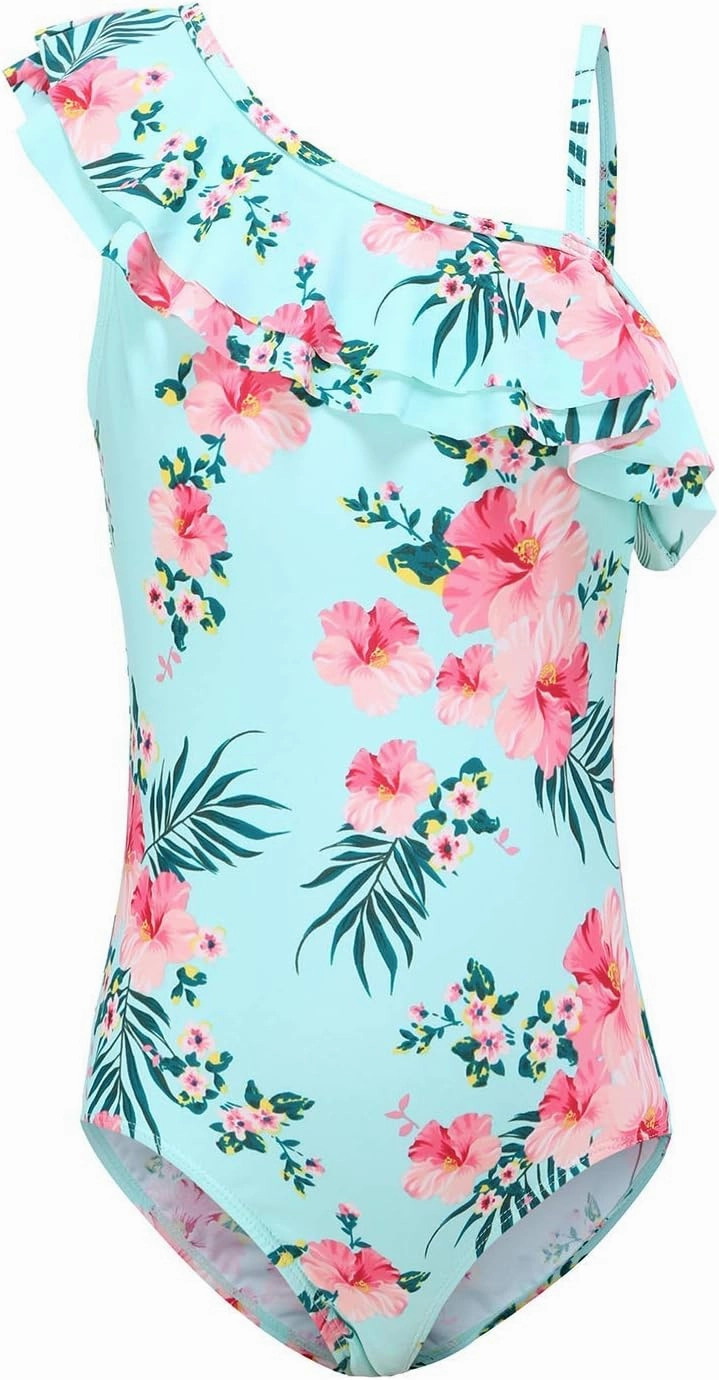 Girls One Piece Swimsuits One Shoulder Ruffle Swimwear Floral Bathing Suit