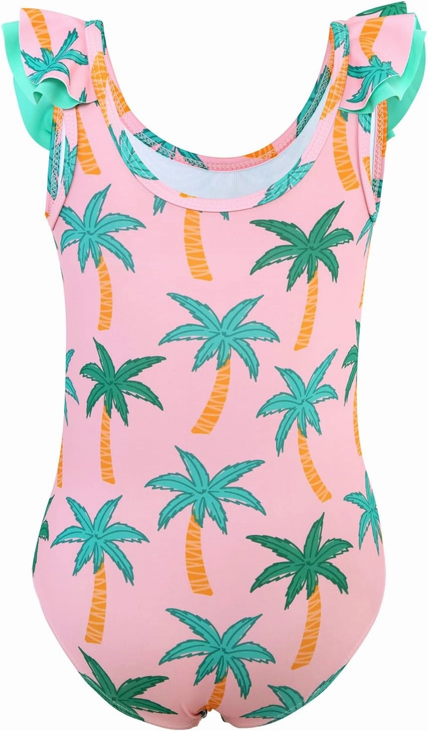 Girls One Piece Swimsuits Quick Dry Toddler Bathing Suits Cute Ruffled Round Neck Beach Swimwear 3-10 Years