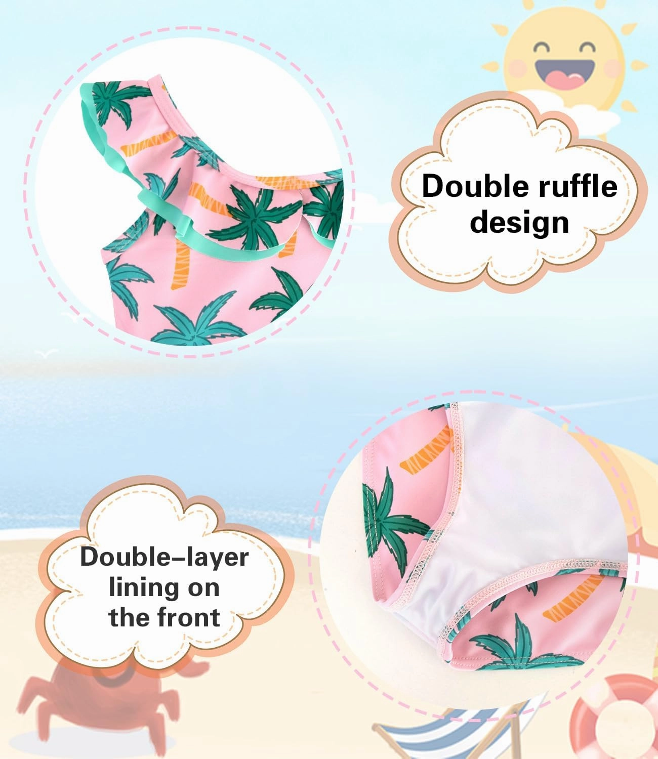Girls One Piece Swimsuits Quick Dry Toddler Bathing Suits Cute Ruffled Round Neck Beach Swimwear 3-10 Years