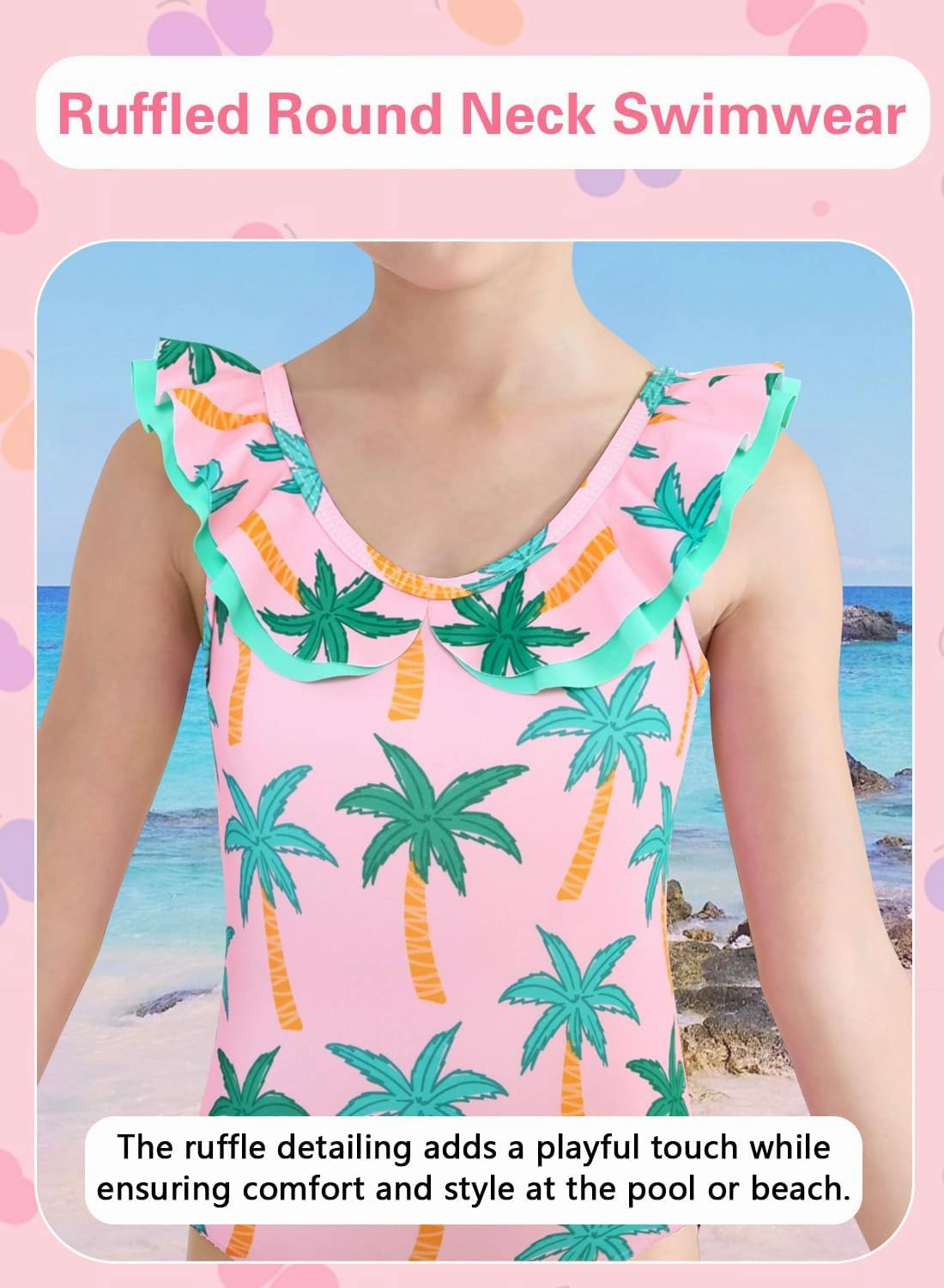 Girls One Piece Swimsuits Quick Dry Toddler Bathing Suits Cute Ruffled Round Neck Beach Swimwear 3-10 Years