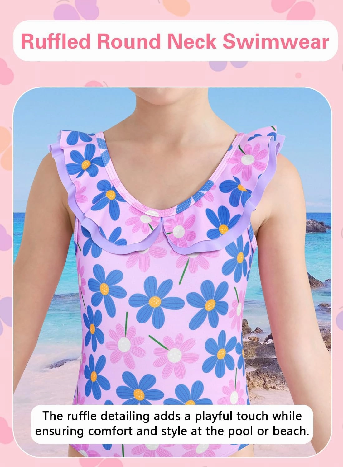 Girls One Piece Swimsuits Quick Dry Toddler Bathing Suits Cute Ruffled Round Neck Beach Swimwear 3-10 Years