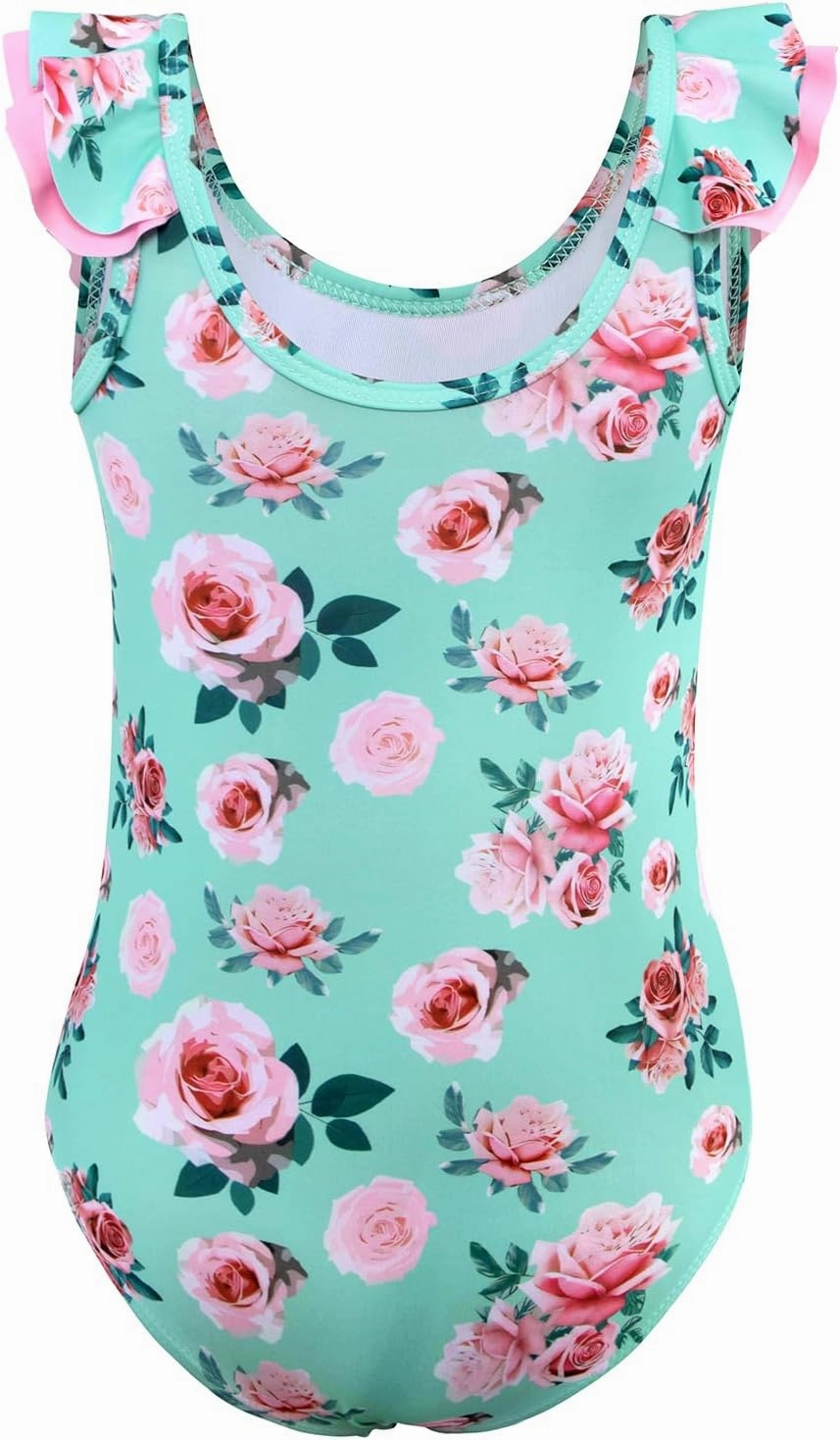 Girls One Piece Swimsuits Quick Dry Toddler Bathing Suits Cute Ruffled Round Neck Beach Swimwear 3-10 Years