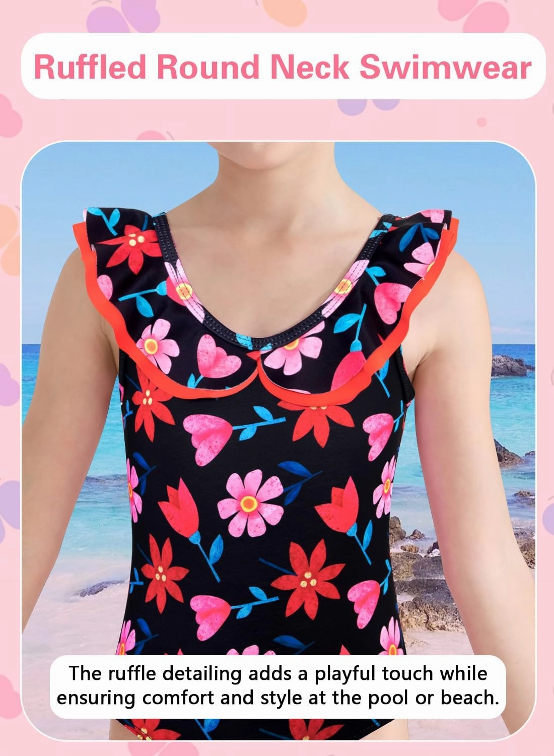 Girls One Piece Swimsuits Quick Dry Toddler Bathing Suits Cute Ruffled Round Neck Beach Swimwear 3-10 Years