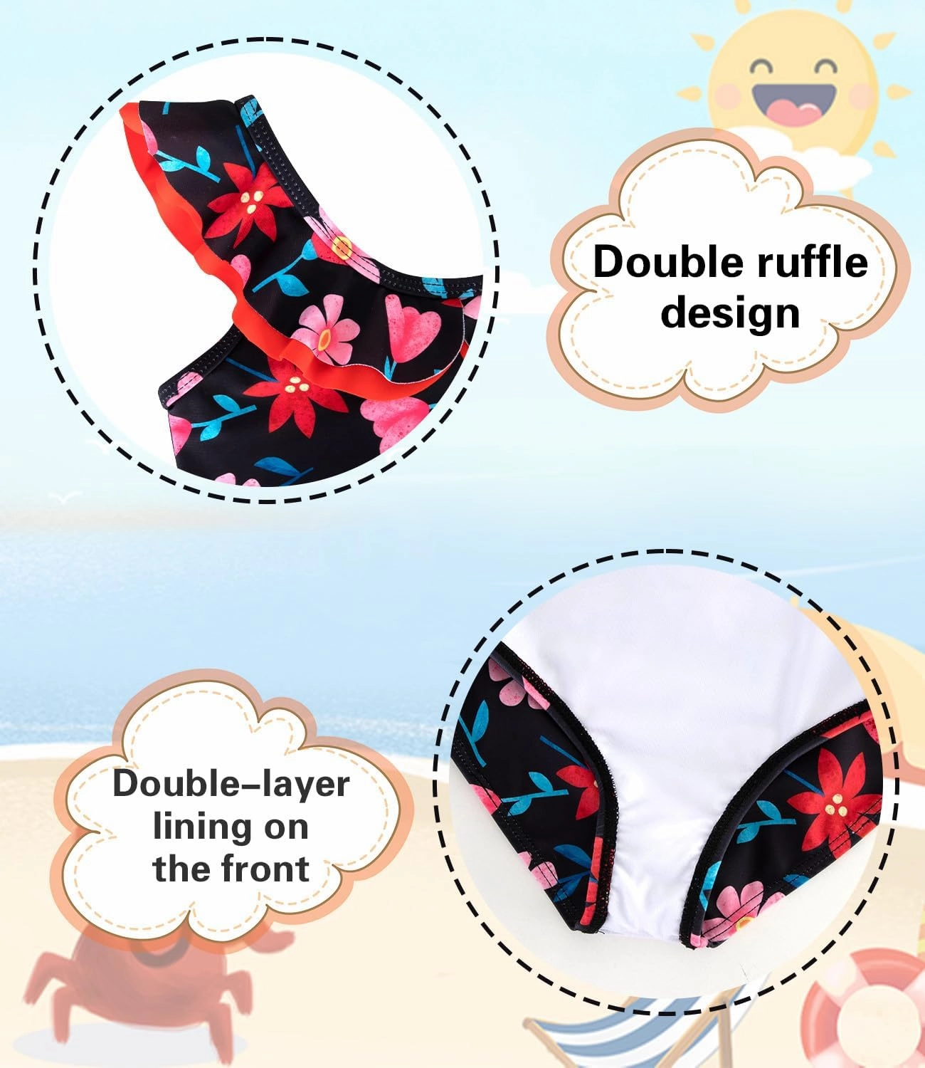 Girls One Piece Swimsuits Quick Dry Toddler Bathing Suits Cute Ruffled Round Neck Beach Swimwear 3-10 Years