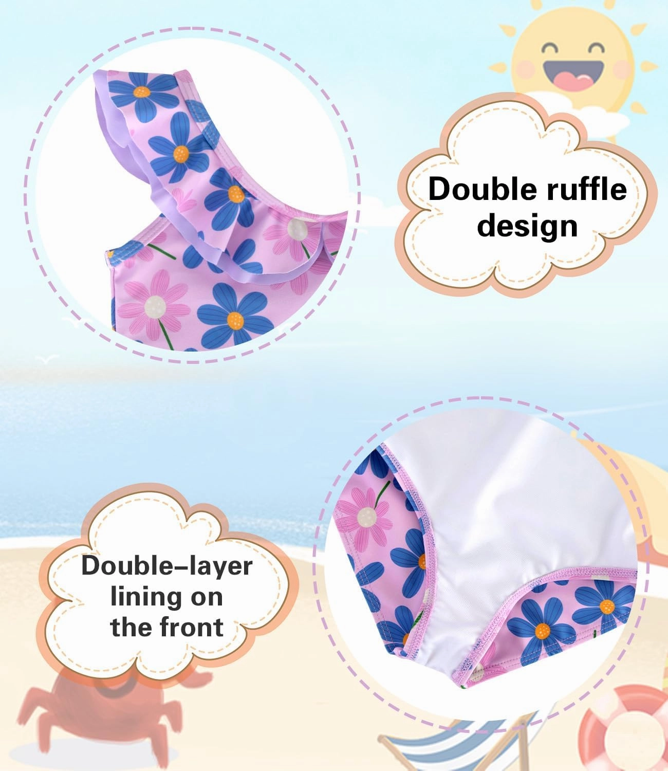 Girls One Piece Swimsuits Quick Dry Toddler Bathing Suits Cute Ruffled Round Neck Beach Swimwear 3-10 Years