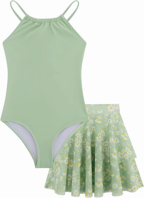Girls One Piece Swimsuits with Mesh Skirt Tanikini Bathing Suit Swimwear 6-14Y