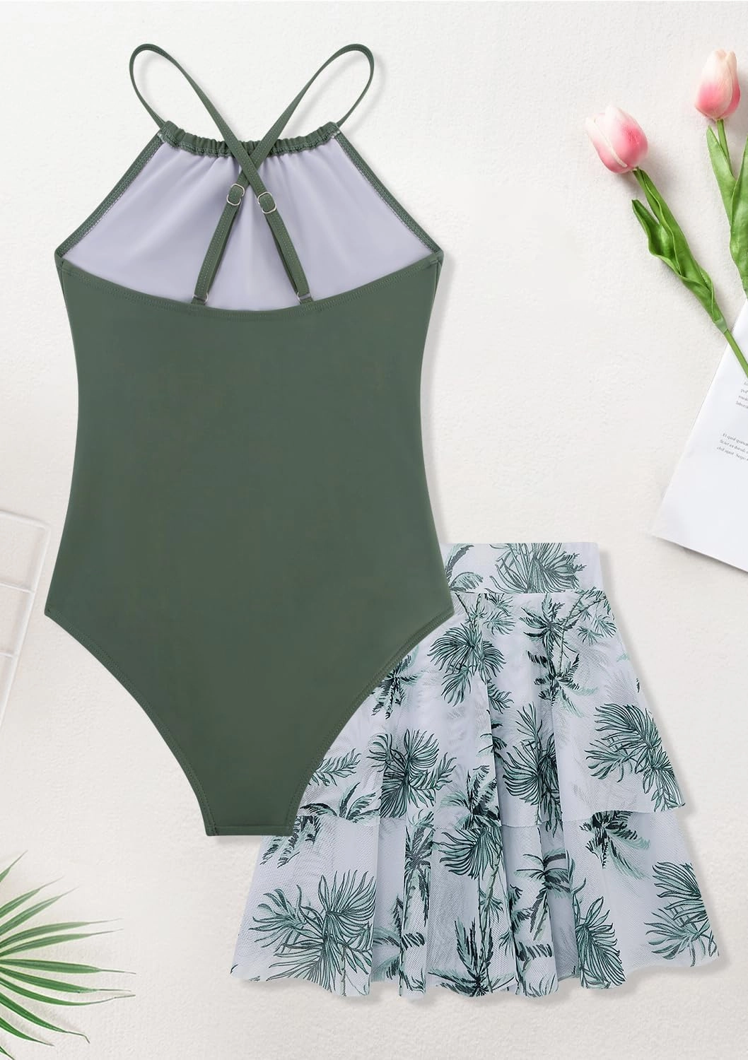 Girls One Piece Swimsuits with Mesh Skirt Tanikini Bathing Suit Swimwear 6-14Y