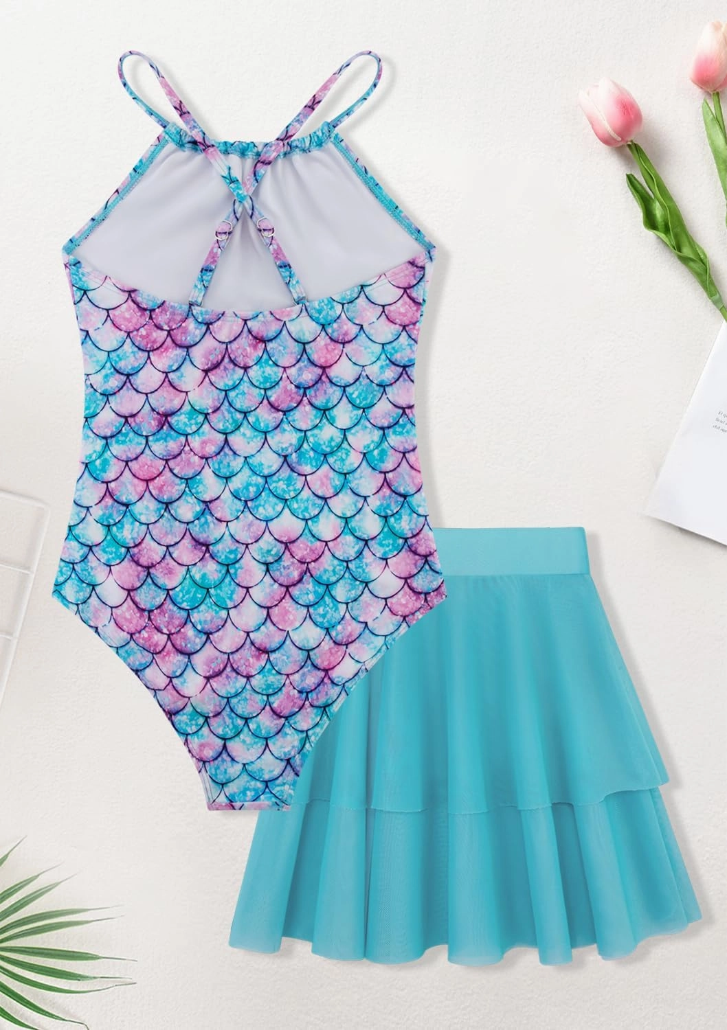 Girls One Piece Swimsuits with Mesh Skirt Tanikini Bathing Suit Swimwear 6-14Y