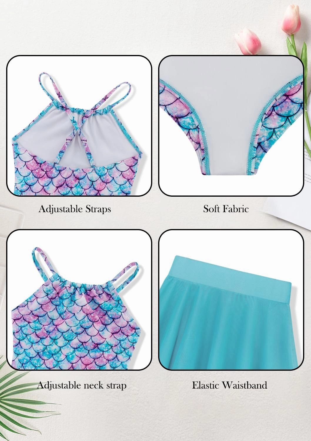 Girls One Piece Swimsuits with Mesh Skirt Tanikini Bathing Suit Swimwear 6-14Y