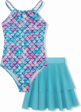 Girls One Piece Swimsuits with Mesh Skirt Tanikini Bathing Suit Swimwear 6-14Y