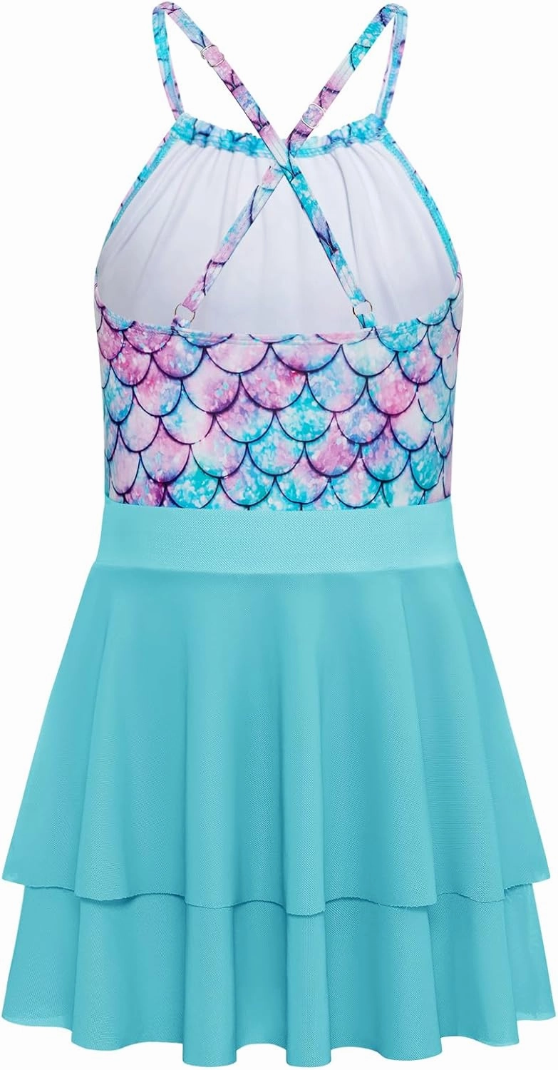 Girls One Piece Swimsuits with Mesh Skirt Tanikini Bathing Suit Swimwear 6-14Y