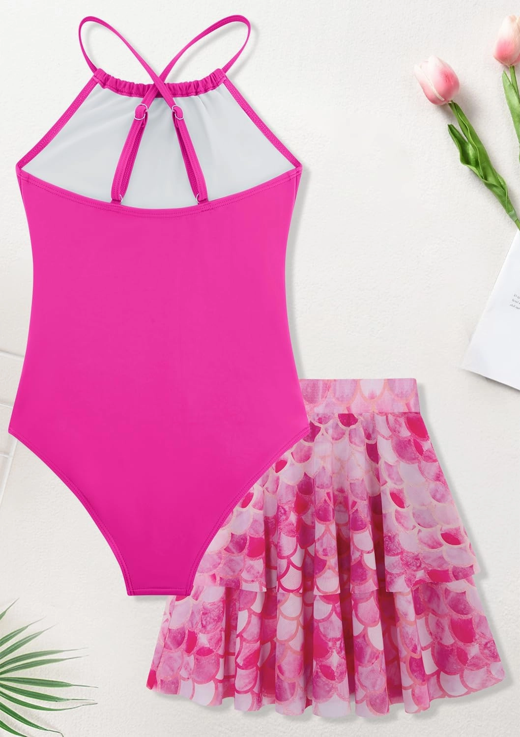 Girls One Piece Swimsuits with Mesh Skirt Tanikini Bathing Suit Swimwear 6-14Y