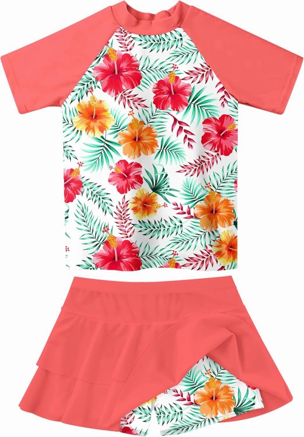 Girls Rash Guard Swimsuit 2 Piece Short Sleeve Bathing Suit Size 6-11