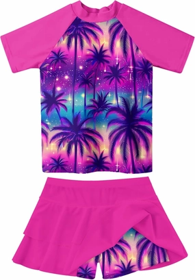 Girls Rash Guard Swimsuit 2 Piece Short Sleeve Bathing Suit Size 6-11