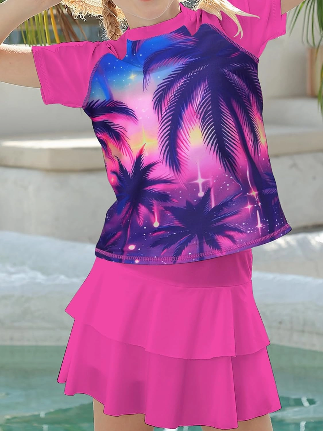 Girls Rash Guard Swimsuit 2 Piece Short Sleeve Bathing Suit Size 6-11