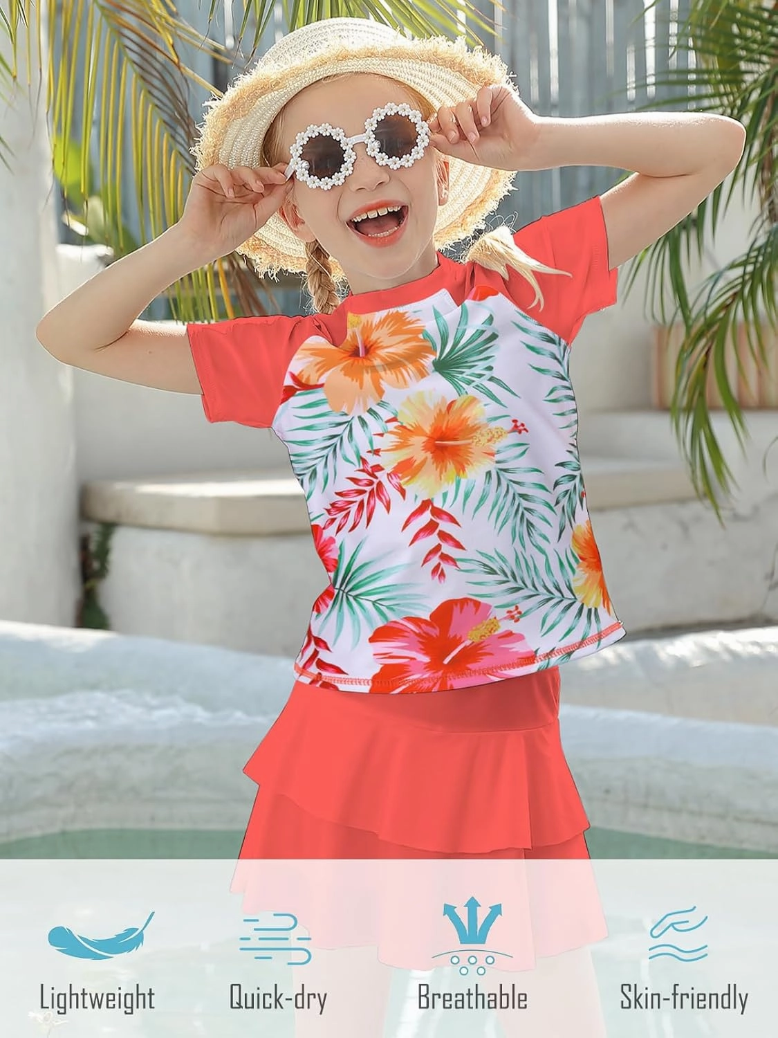 Girls Rash Guard Swimsuit 2 Piece Short Sleeve Bathing Suit Size 6-11