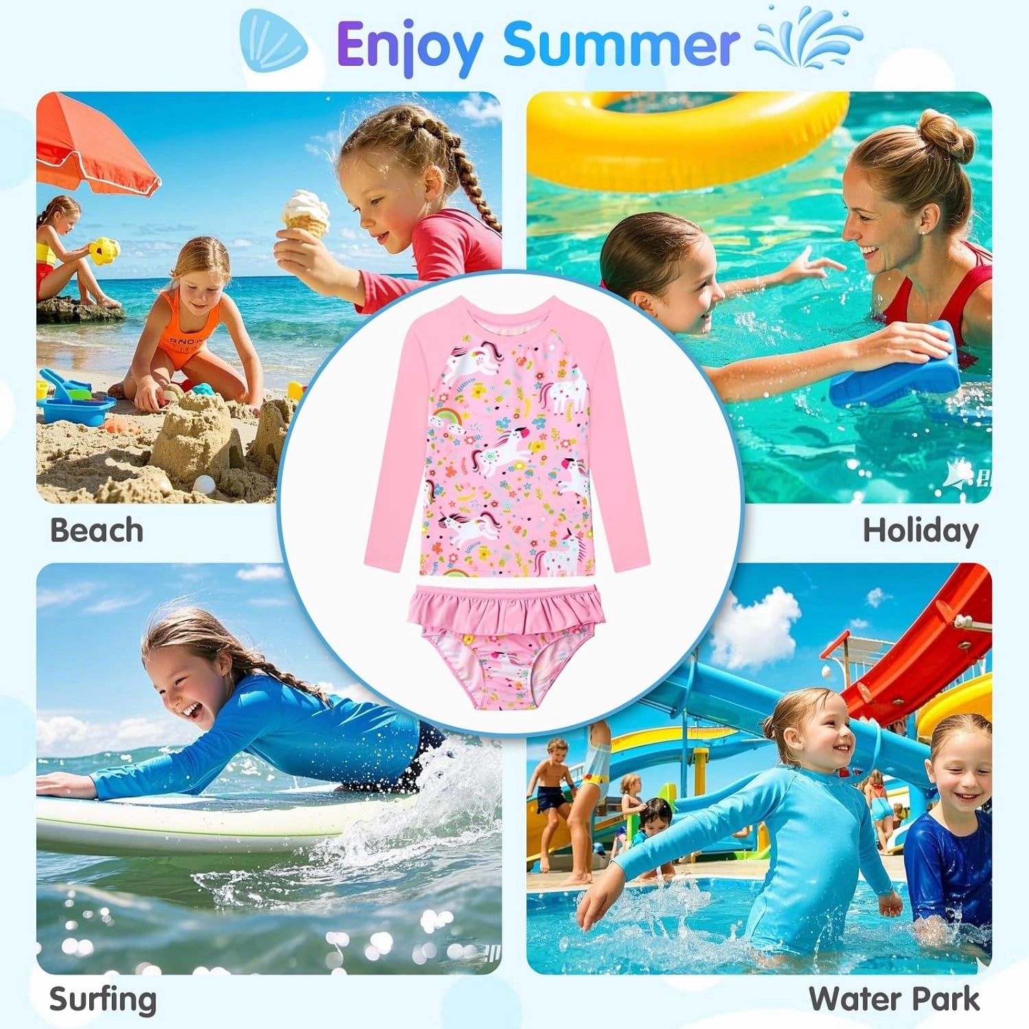 Girls Rash Guard Swimsuit Long Sleeve Tankini Sets Two Pieces Bathing Suit Swimwear UPF 50  Sun Protection