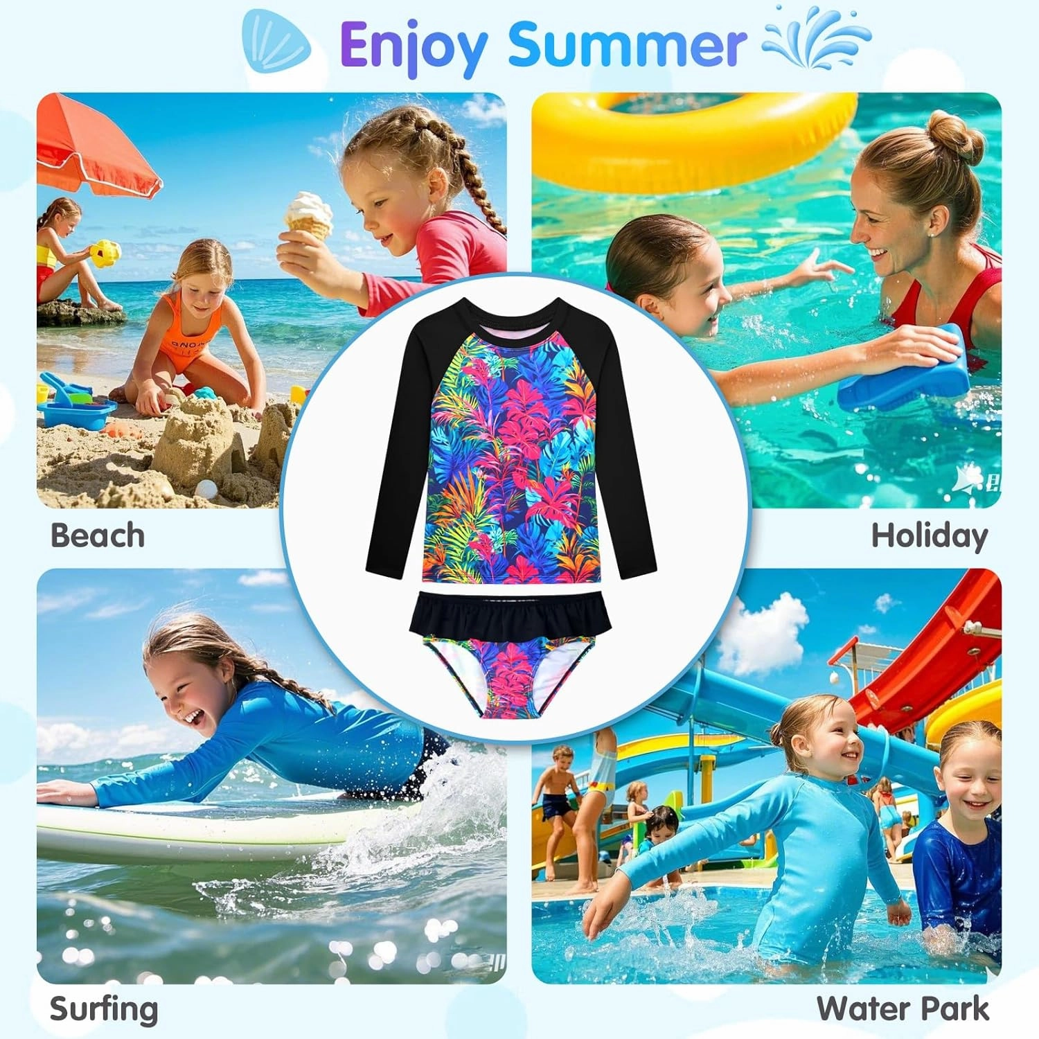 Girls Rash Guard Swimsuit Long Sleeve Tankini Sets Two Pieces Bathing Suit Swimwear UPF 50  Sun Protection