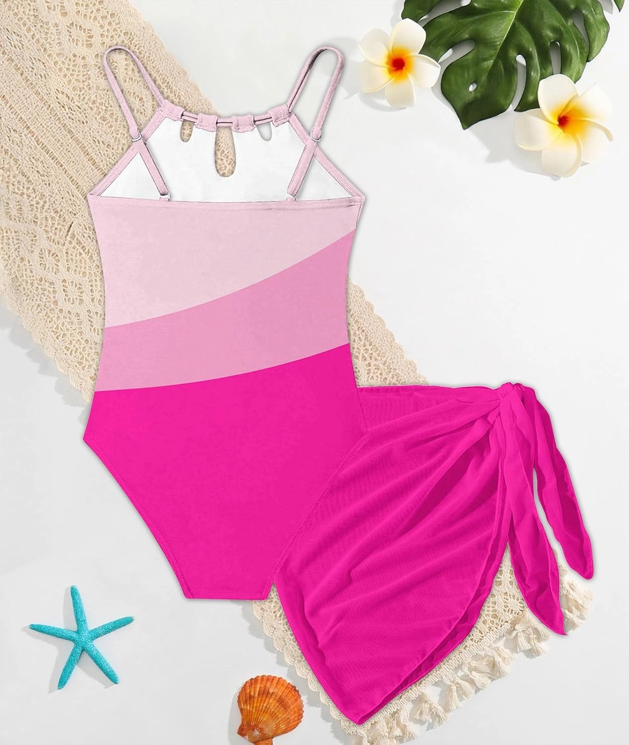 Girls Swimsiut One-Piece Bathing Suit with Mesh Cover Ups Adjustable Straps Cut Out Swimwear Size 7-16