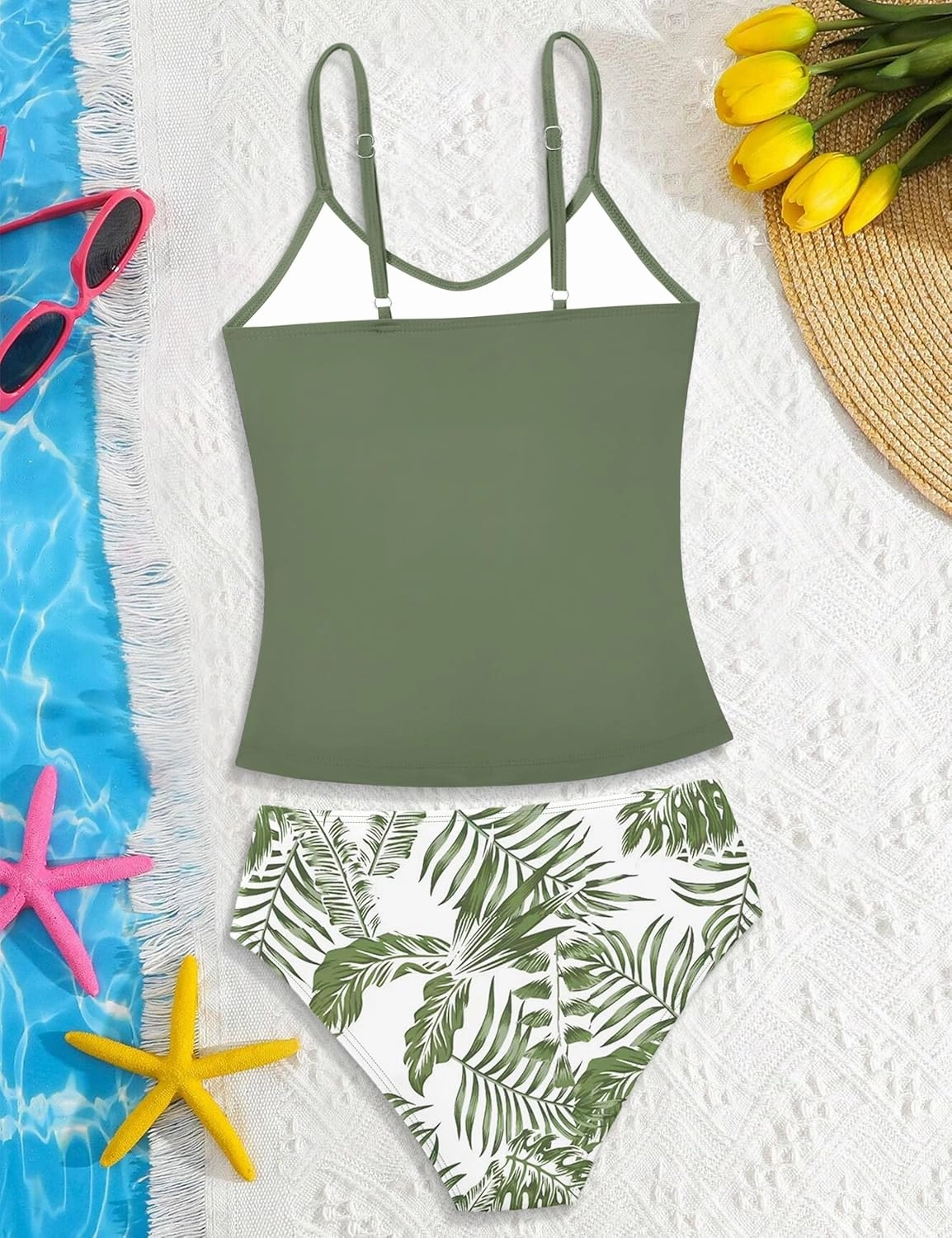 Girls Swimsuit 2 Piece Bathing Suit Criss Cross Ruched Girl Tankini Sets Printed Girls' Swimwear for 9-18 Years