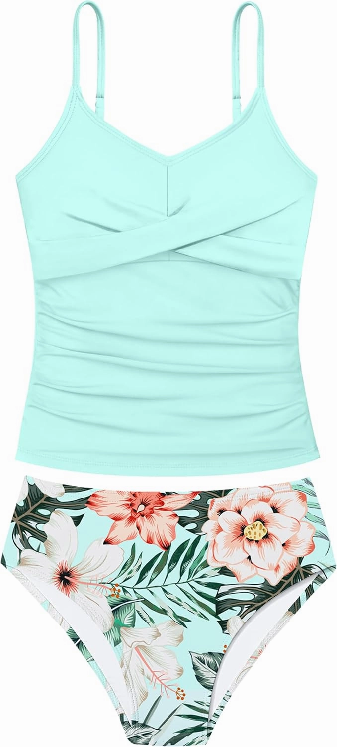 Girls Swimsuit 2 Piece Bathing Suit Criss Cross Ruched Girl Tankini Sets Printed Girls' Swimwear for 9-18 Years