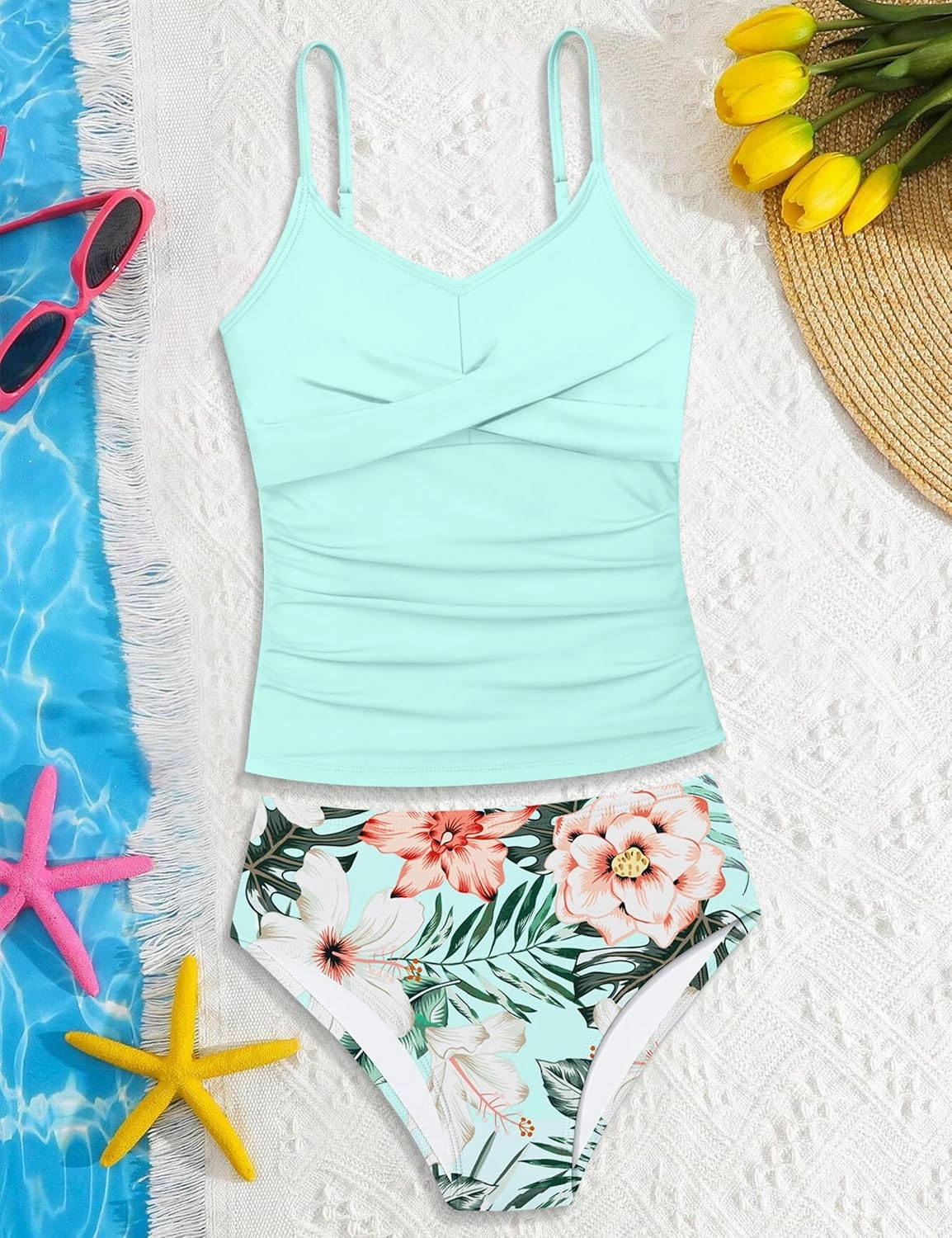 Girls Swimsuit 2 Piece Bathing Suit Criss Cross Ruched Girl Tankini Sets Printed Girls' Swimwear for 9-18 Years
