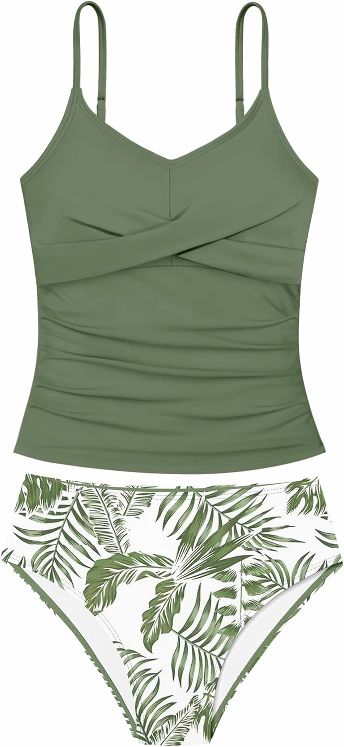 Girls Swimsuit 2 Piece Bathing Suit Criss Cross Ruched Girl Tankini Sets Printed Girls' Swimwear for 9-18 Years
