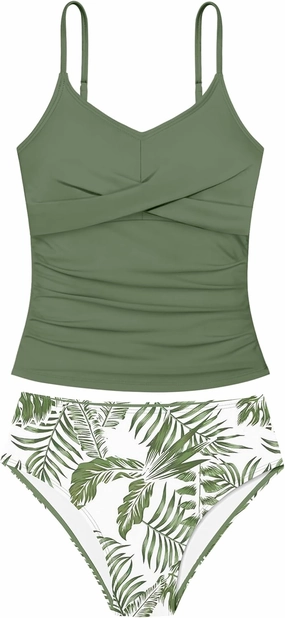 Girls Swimsuit 2 Piece Bathing Suit Criss Cross Ruched Girl Tankini Sets Printed Girls' Swimwear for 9-18 Years