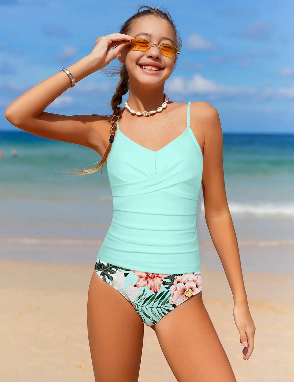 Girls Swimsuit 2 Piece Bathing Suit Criss Cross Ruched Girl Tankini Sets Printed Girls' Swimwear for 9-18 Years