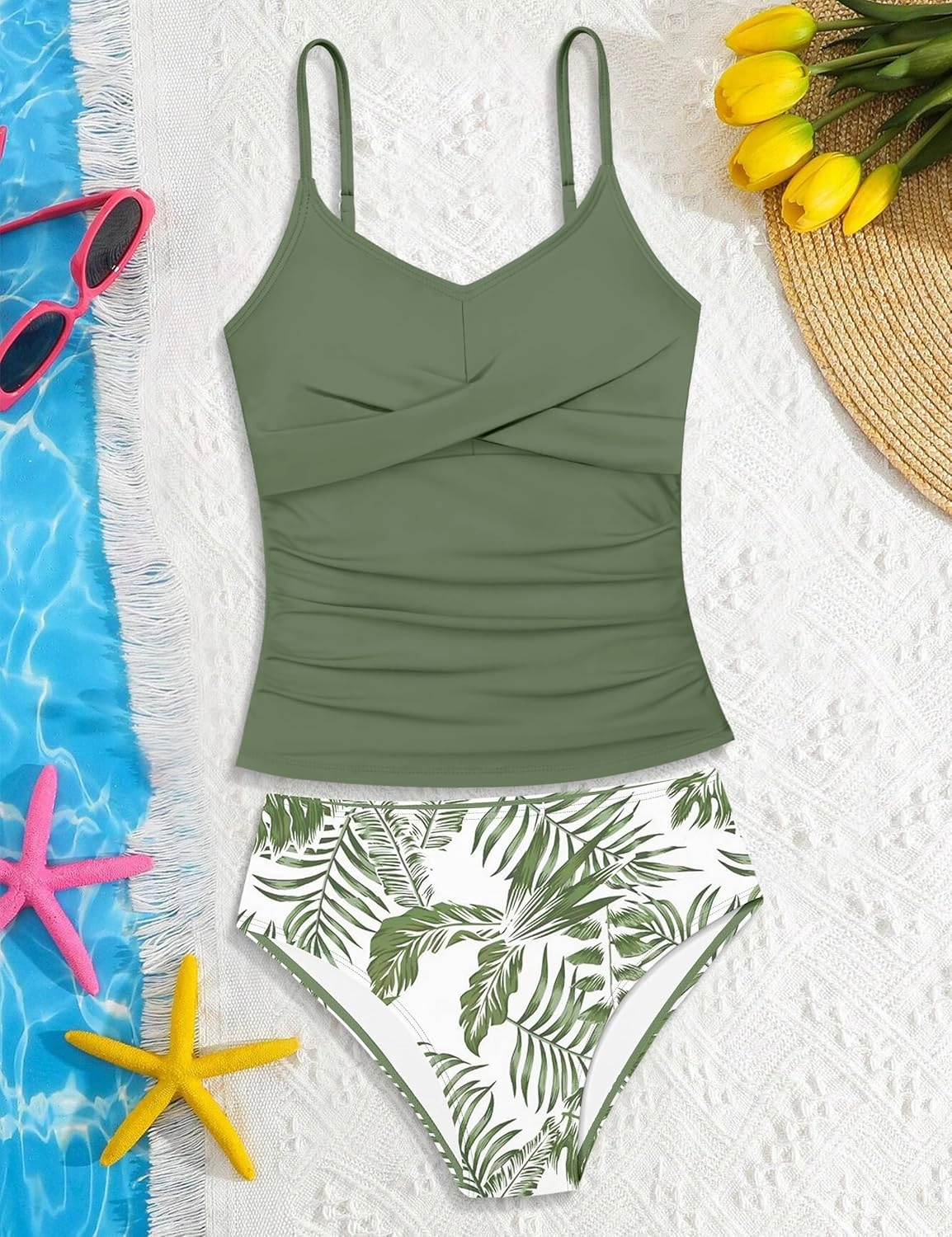 Girls Swimsuit 2 Piece Bathing Suit Criss Cross Ruched Girl Tankini Sets Printed Girls' Swimwear for 9-18 Years