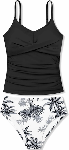 Girls Swimsuit 2 Piece Bathing Suit Criss Cross Ruched Girl Tankini Sets Printed Girls' Swimwear for 9-18 Years