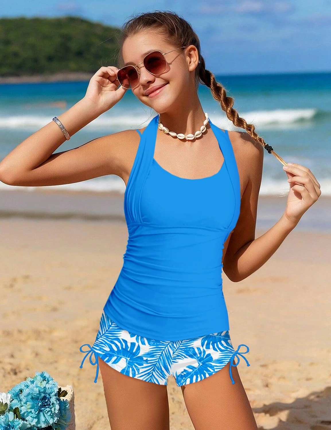 Girls Swimsuit 2 Piece Halterneck Girls Tankini Swimsuit Drawstring Printed Swim Shorts Girl Bathing Suit for 7-16T