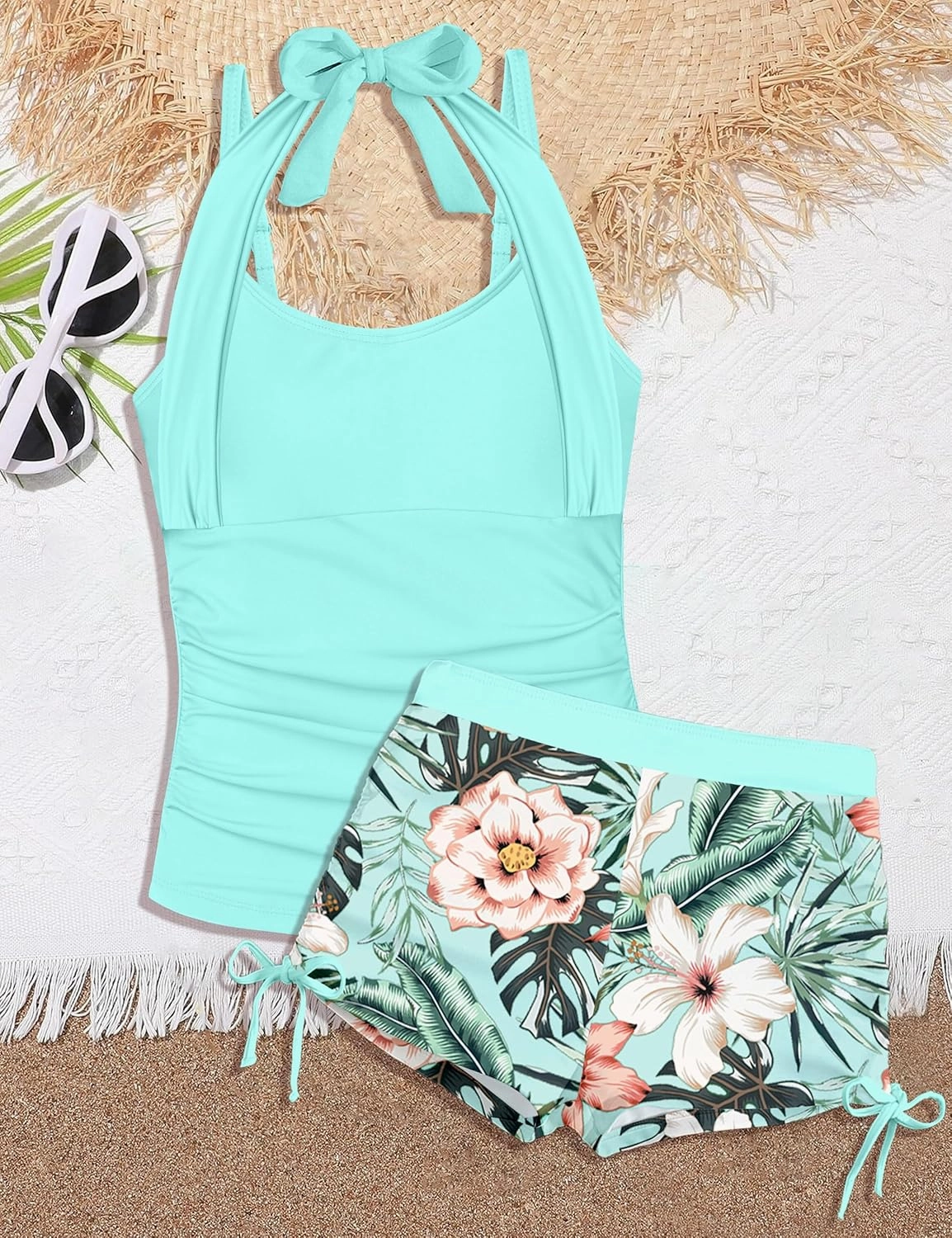 Girls Swimsuit 2 Piece Halterneck Girls Tankini Swimsuit Drawstring Printed Swim Shorts Girl Bathing Suit for 7-16T