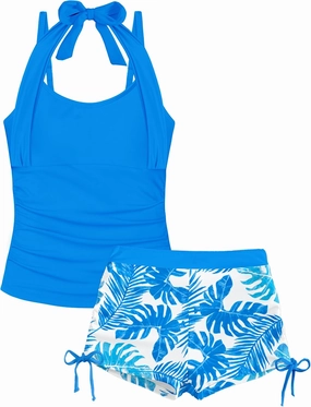 Girls Swimsuit 2 Piece Halterneck Girls Tankini Swimsuit Drawstring Printed Swim Shorts Girl Bathing Suit for 7-16T