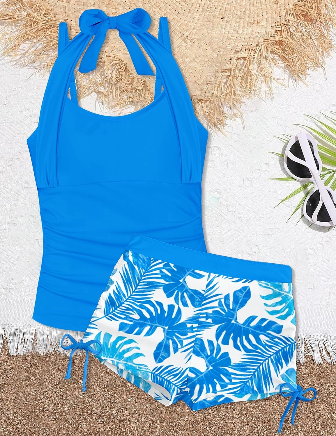 Girls Swimsuit 2 Piece Halterneck Girls Tankini Swimsuit Drawstring Printed Swim Shorts Girl Bathing Suit for 7-16T