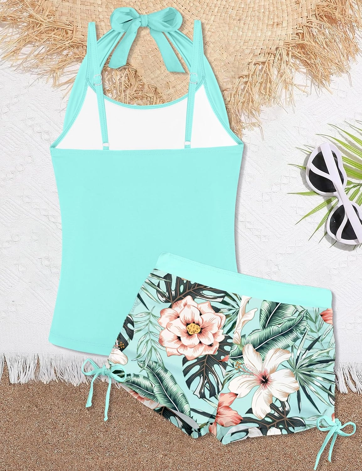 Girls Swimsuit 2 Piece Halterneck Girls Tankini Swimsuit Drawstring Printed Swim Shorts Girl Bathing Suit for 7-16T