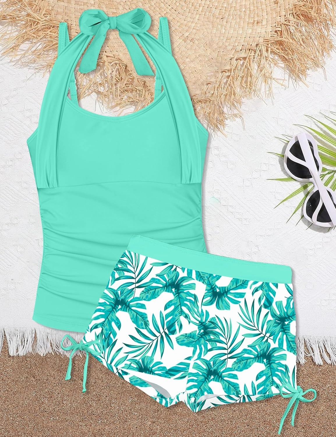 Girls Swimsuit 2 Piece Halterneck Girls Tankini Swimsuit Drawstring Printed Swim Shorts Girl Bathing Suit for 7-16T