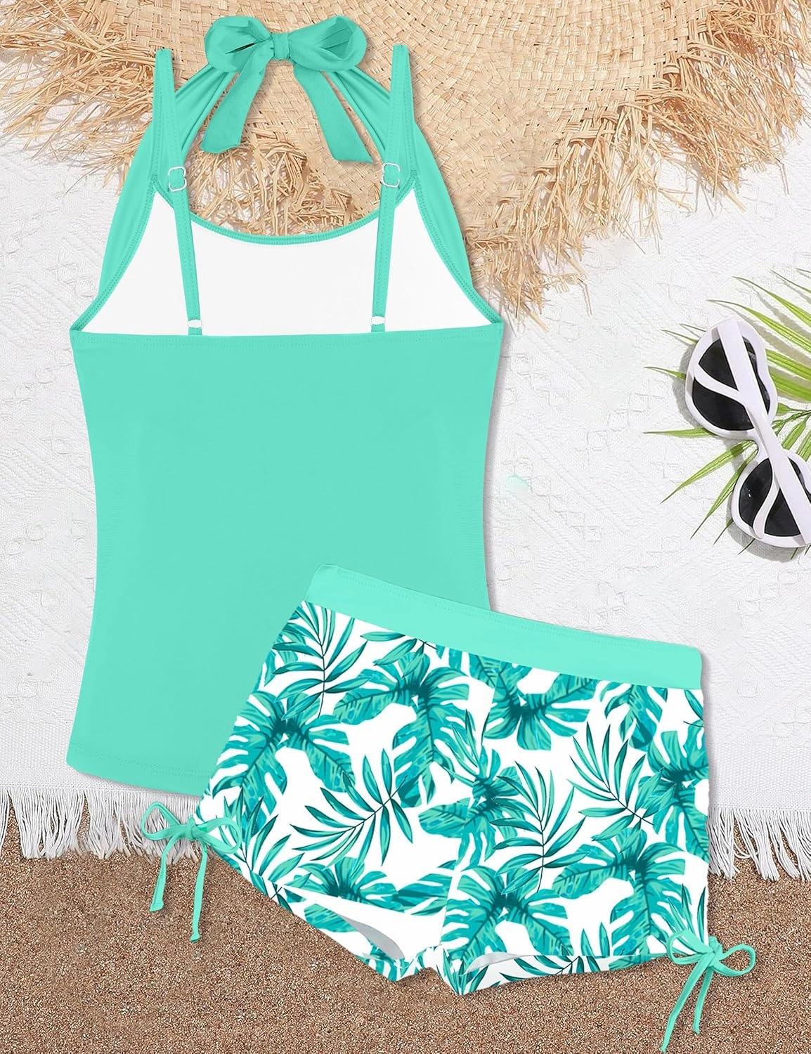 Girls Swimsuit 2 Piece Halterneck Girls Tankini Swimsuit Drawstring Printed Swim Shorts Girl Bathing Suit for 7-16T