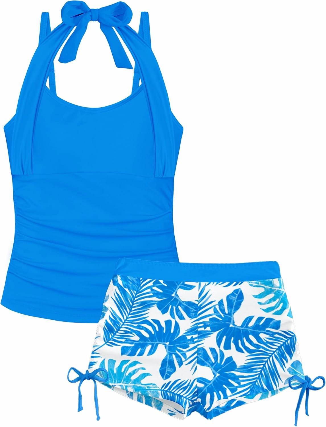 Girls Swimsuit 2 Piece Halterneck Girls Tankini Swimsuit Drawstring Printed Swim Shorts Girl Bathing Suit for 7-16T