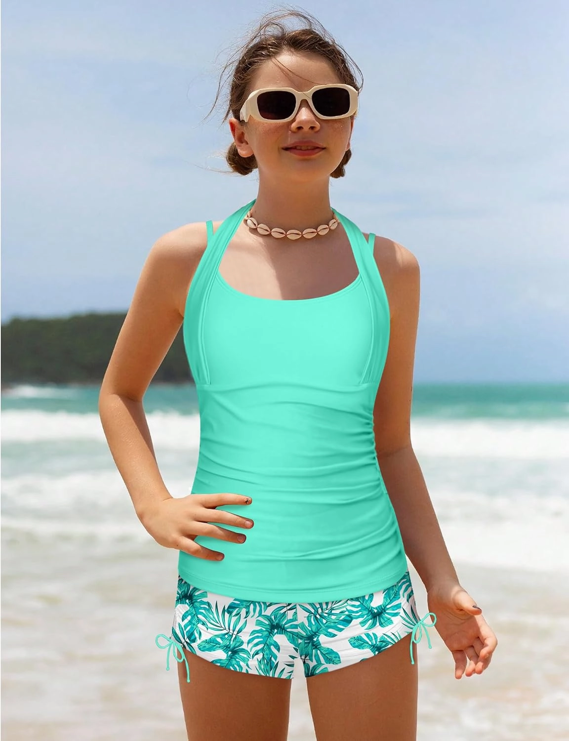 Girls Swimsuit 2 Piece Halterneck Girls Tankini Swimsuit Drawstring Printed Swim Shorts Girl Bathing Suit for 7-16T