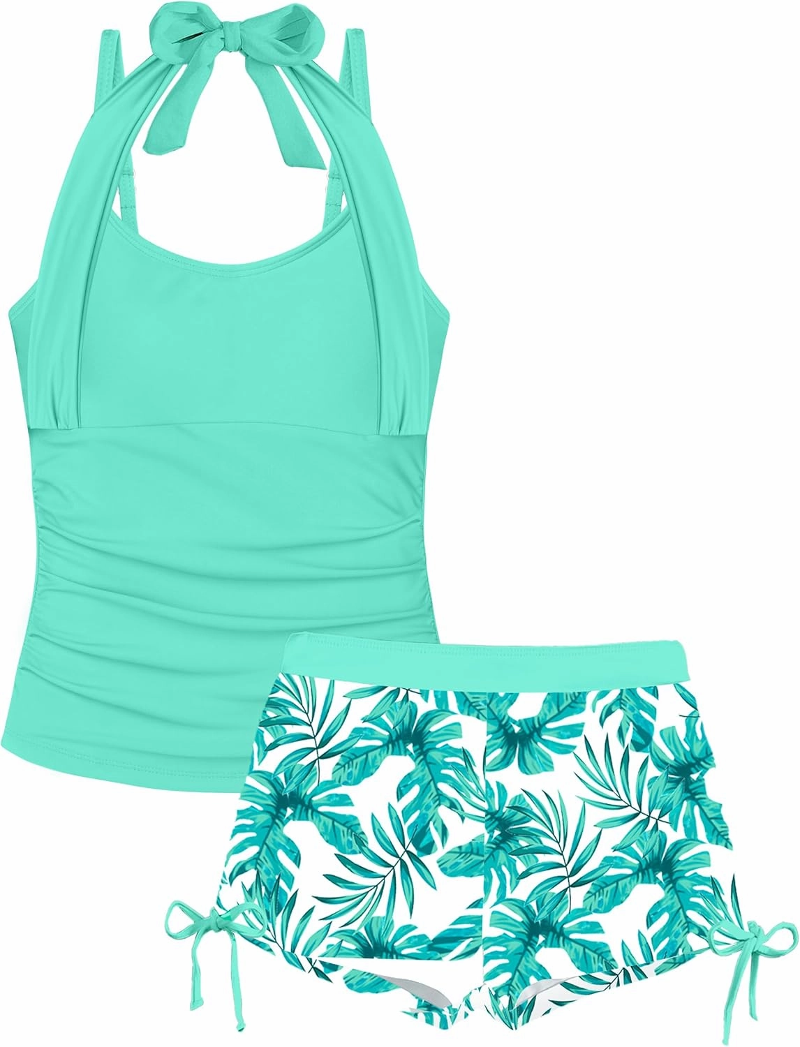 Girls Swimsuit 2 Piece Halterneck Girls Tankini Swimsuit Drawstring Printed Swim Shorts Girl Bathing Suit for 7-16T